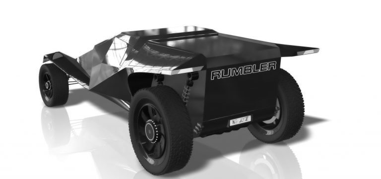 Image of the Rumbler 505 Sport Tank side and rear profile, emphasising the dramatic blast-deflective sweep of the body profile for armoured protection of all VIP owners.